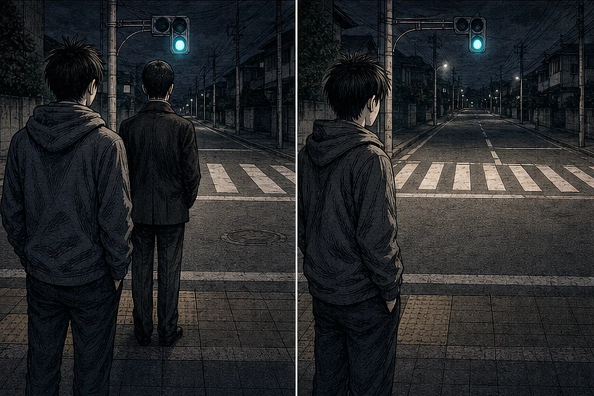 信号:深夜の住宅街で人と並ぶのは珍しく、私は軽く会釈をした
