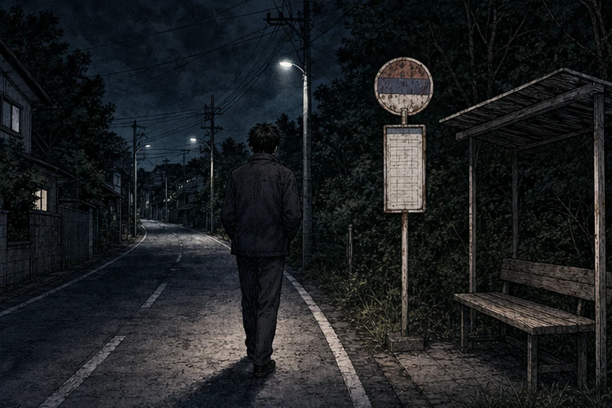 夜のバス停:廃屋や山道で過ごした暗い時間のあとに、ひと気のない住宅街をゆっくり歩くと、強ばった背中がふっとゆるむ
