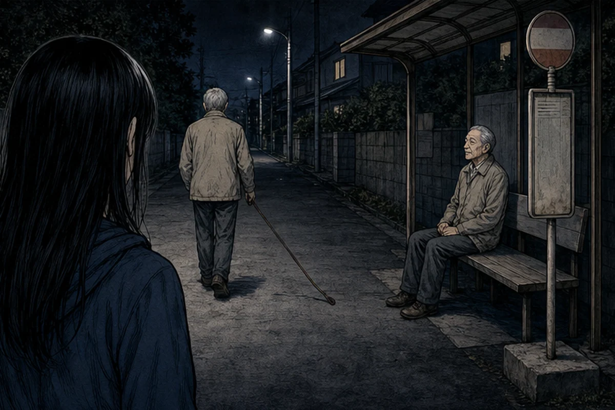 夜のバス停:けれど男はこちらに目を向けることもなく、空のリードを引いて夜道を歩いていく