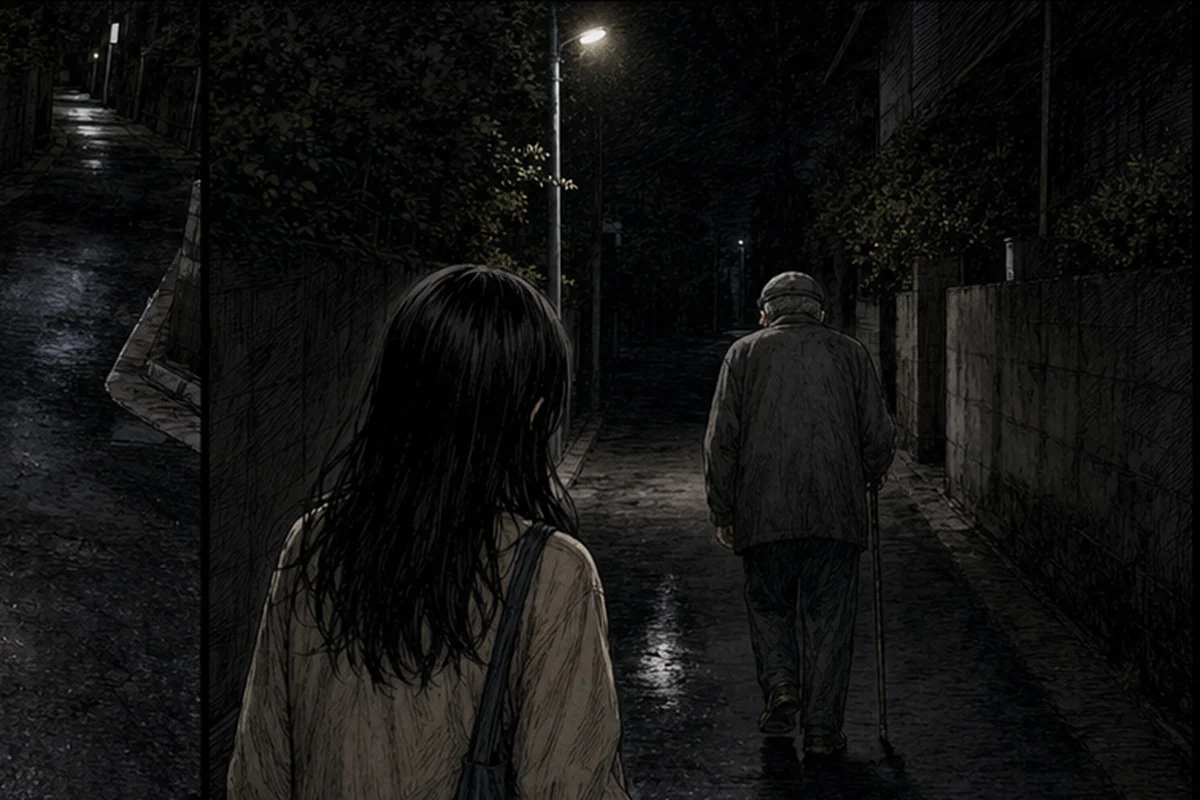 歩数:杖をついた年配の男が、私と同じくらいの速さで暗い道をゆっくり歩いていた