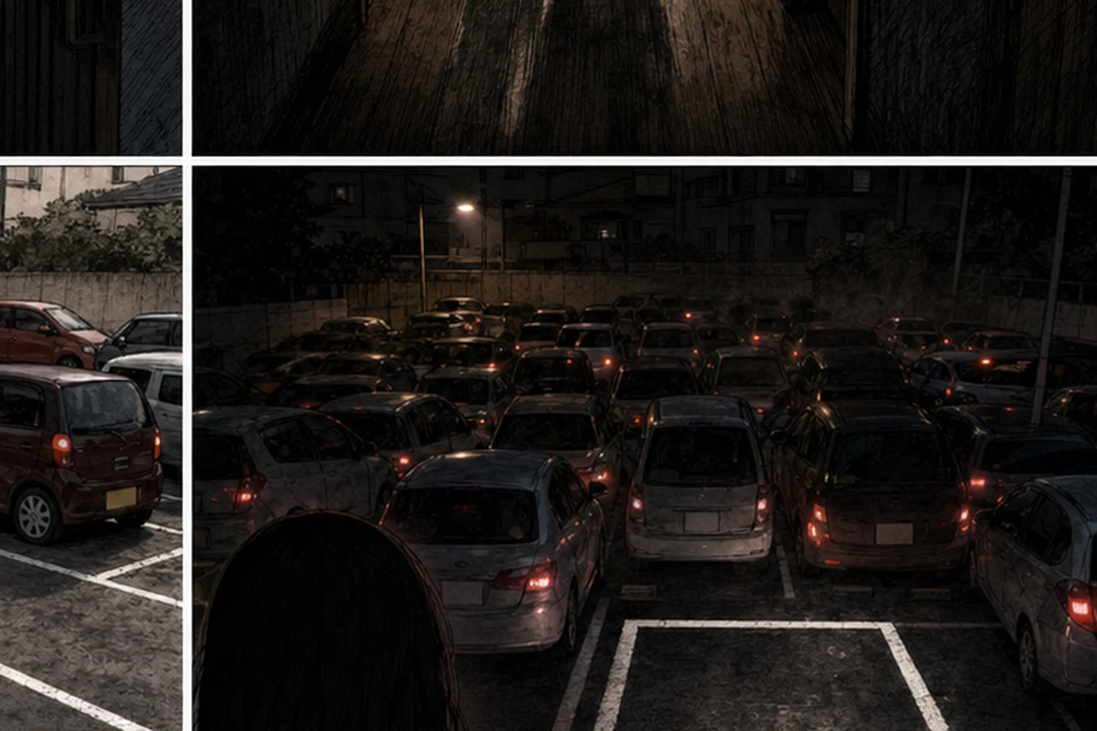 駐車場:ほかの区画の線はどれも薄く擦れているのに、その一つだけがついさっき引き直されたように際立っていた
