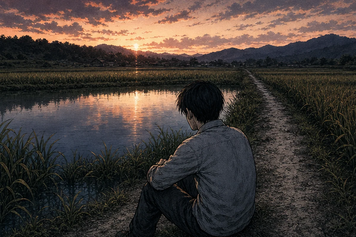 畦道:野池の水が日暮れの空を映して鈍く光っている