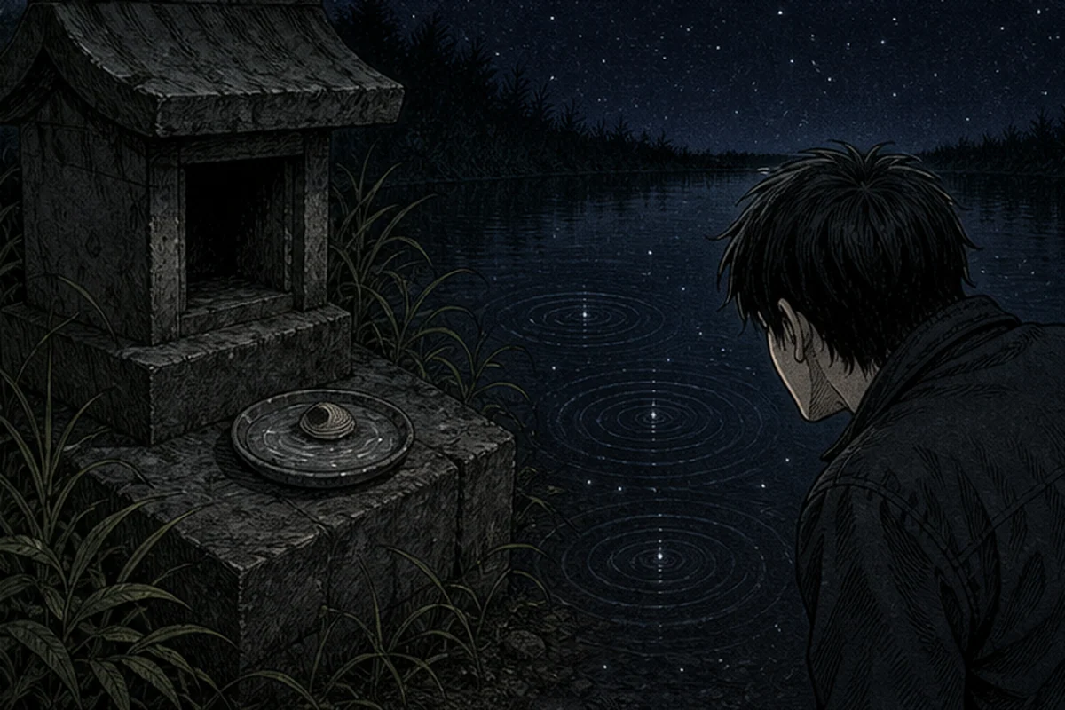 片足:供えの皿には雨水だけがたまっている