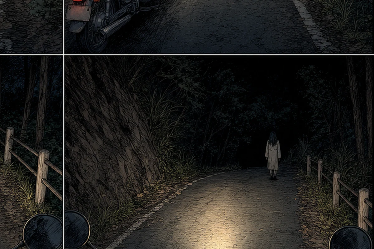 折り返せない道 第1話 前を行く者:アスファルトは古く、縁が草に浸食されているが、形はまだ保っている