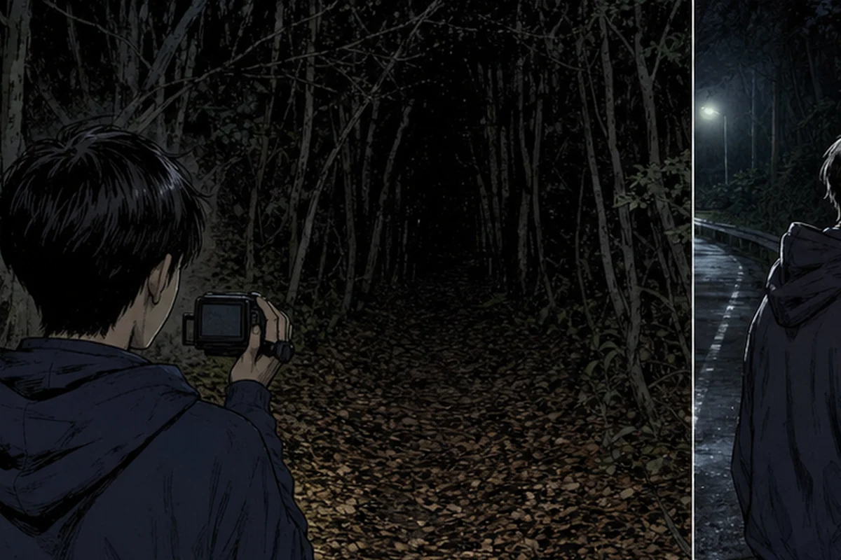 折り返せない道　第4話　裏手の足音：木が密集していて奥まで見えない