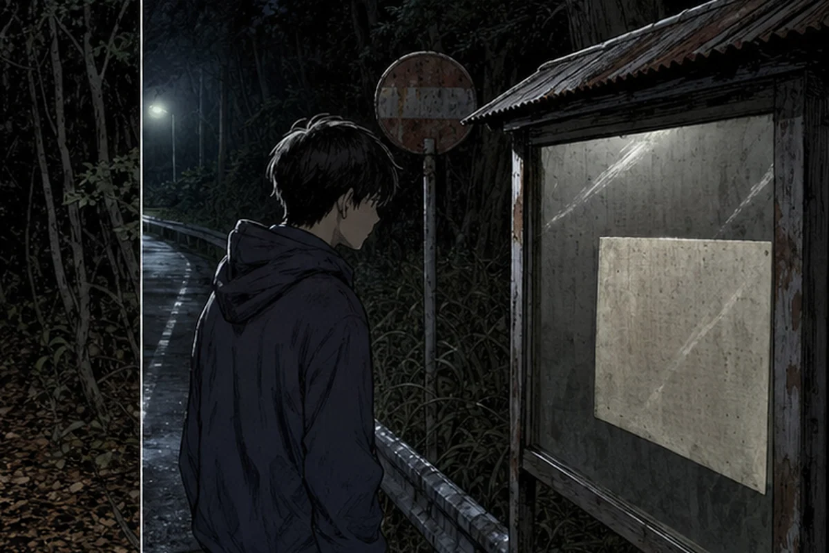 折り返せない道　第4話　裏手の足音：バス停の前を通りかかって、足が止まった