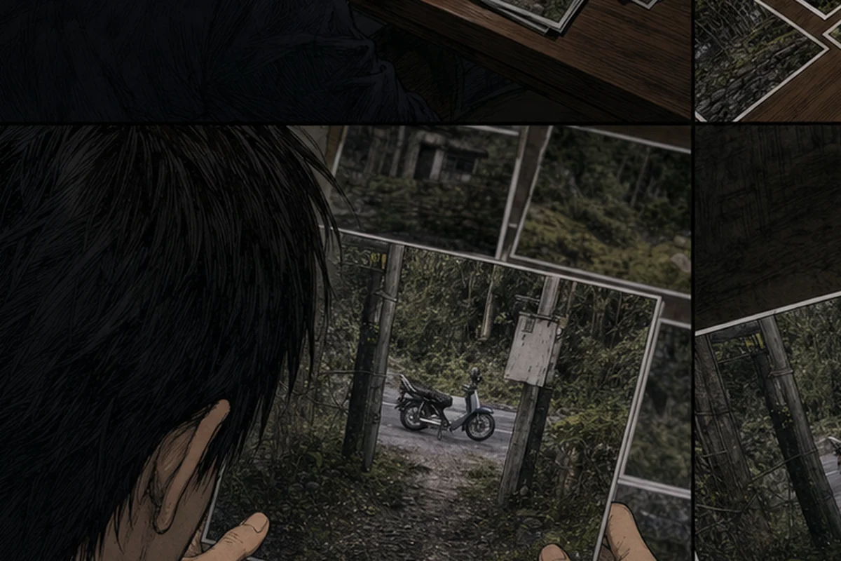 折り返せない道 第5話 撮っていない一枚:入口の貼り紙、バス停の案内板、崩落箇所、集落跡の全景