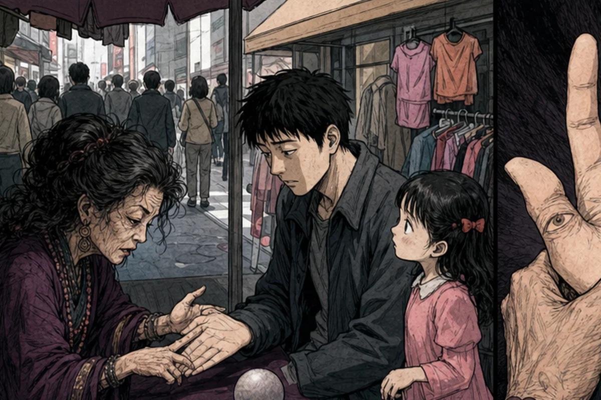 【心霊体験談】第16話 手相:まだ幼い長女を連れて、新宿に子供服を買いに行ってた時 たまたま手相のおばちゃんが目についた 普段はそんなの気にしないんだけど なぜか手相を見てもらう事になった 僕の手相は非常に珍しいらしい 両手に神秘十字線