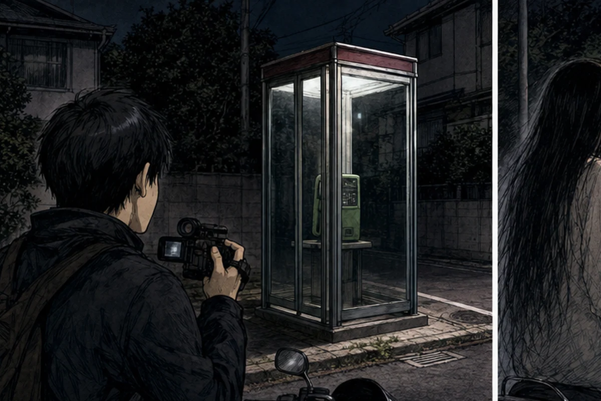 【心霊体験談】第17話 電話ボックス:ビデオカメラ片手に一人で心霊スポットに行っている 地元民情報でお化けが出る公衆電話があるとのことだ インターネットには掲載されていないスポットだ 僕は夜に施設を抜け出して単車で行ってみる が、都内のなんの変哲