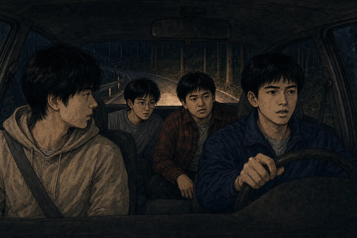 深夜の山道を走る車内で先輩が土地の神隠しを話す