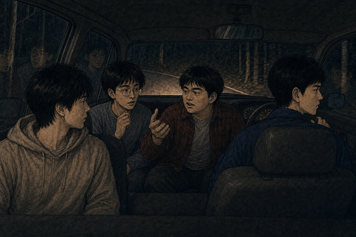 走る車の後部座席で三人が順番に怪談を話す