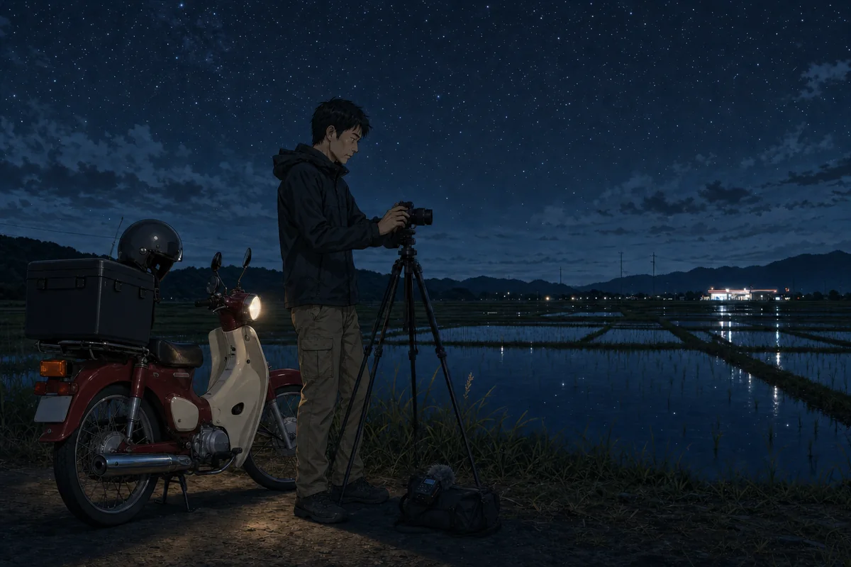降車ボタン:月のない田園で語り手が星空を撮影する場面