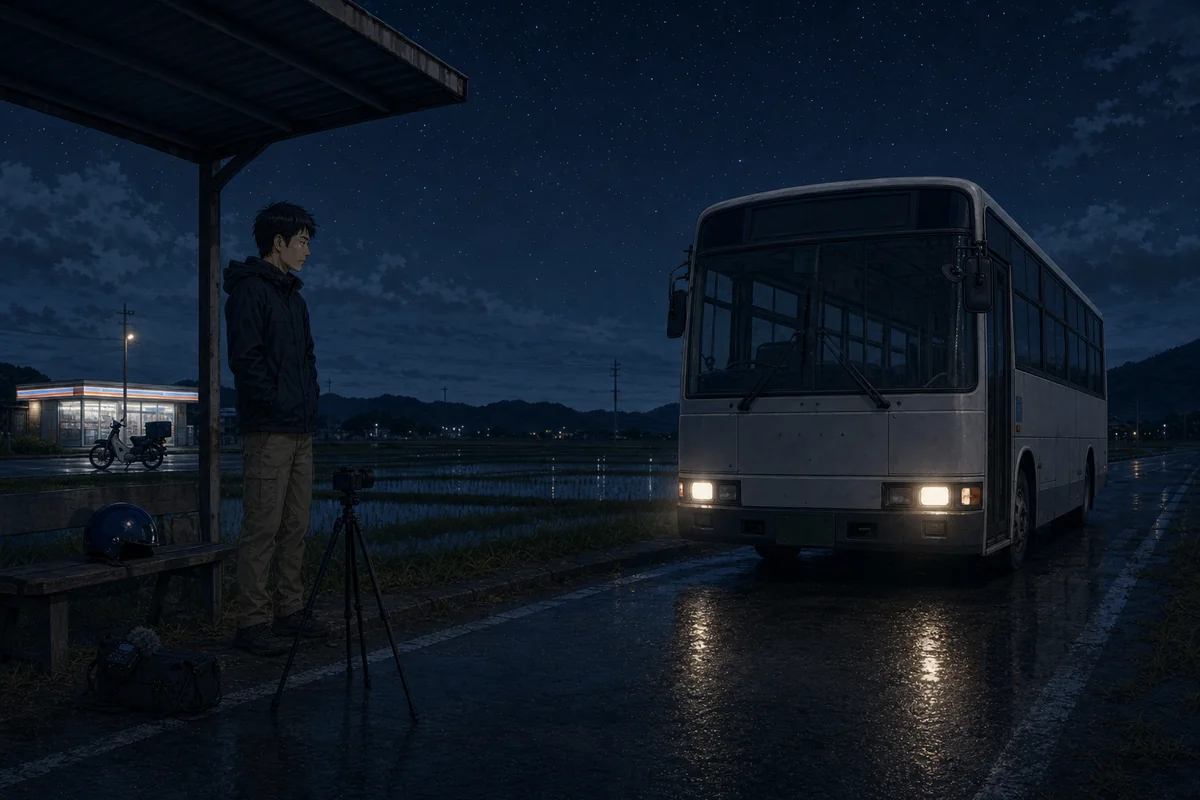 降車ボタン:夜の田園の停留所へ最終バスが到着する場面