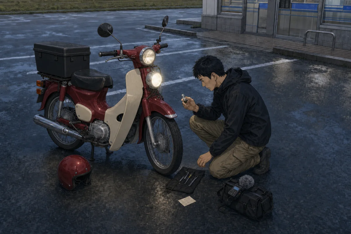 降車ボタン:翌朝スーパーカブのライトが何事もなく点く場面
