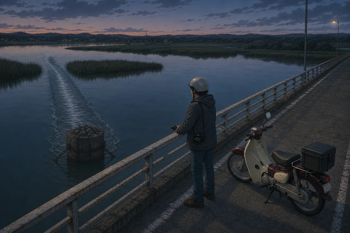 鎖:夕暮れの沼で真っ直ぐな引き波が岸へ近づく場面