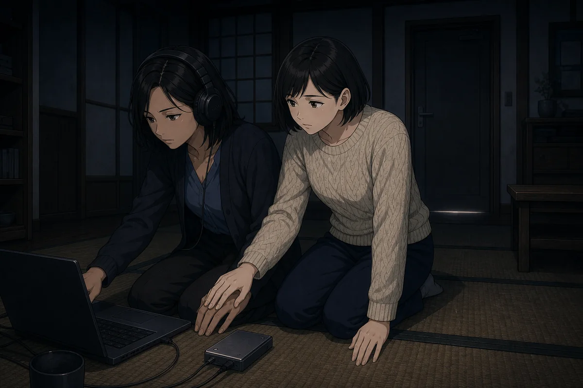 無音区間:音声処理を逆順に戻す姉妹と玄関下を横切る影
