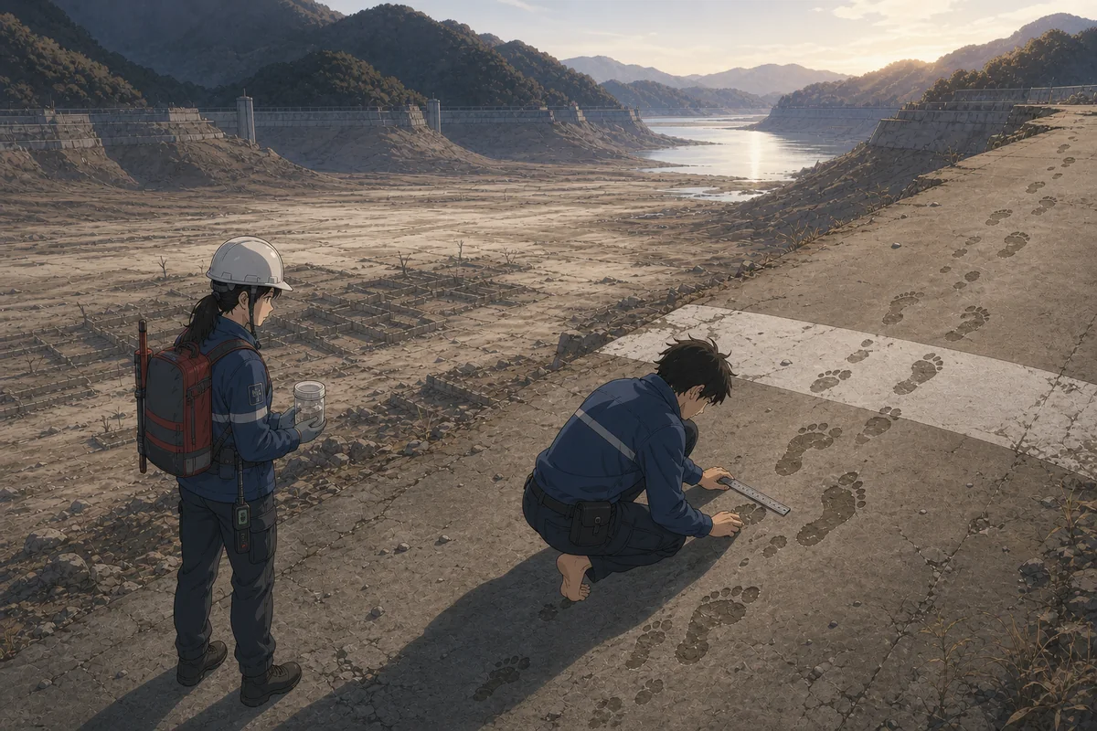 「陸側水位」：無人の斜路へ増えてゆく濡れた裸足の足跡