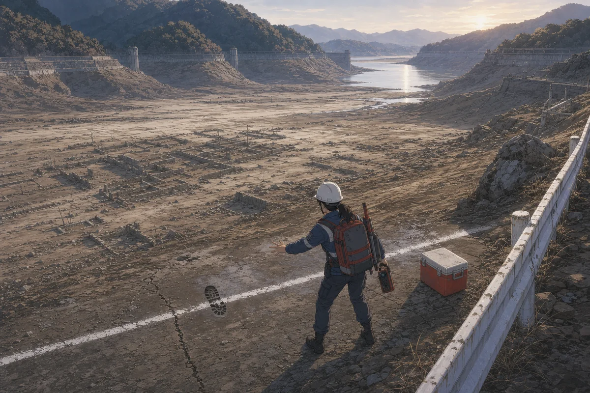 「陸側水位」：白い帯を越えて消えた三枝の欠けた靴跡