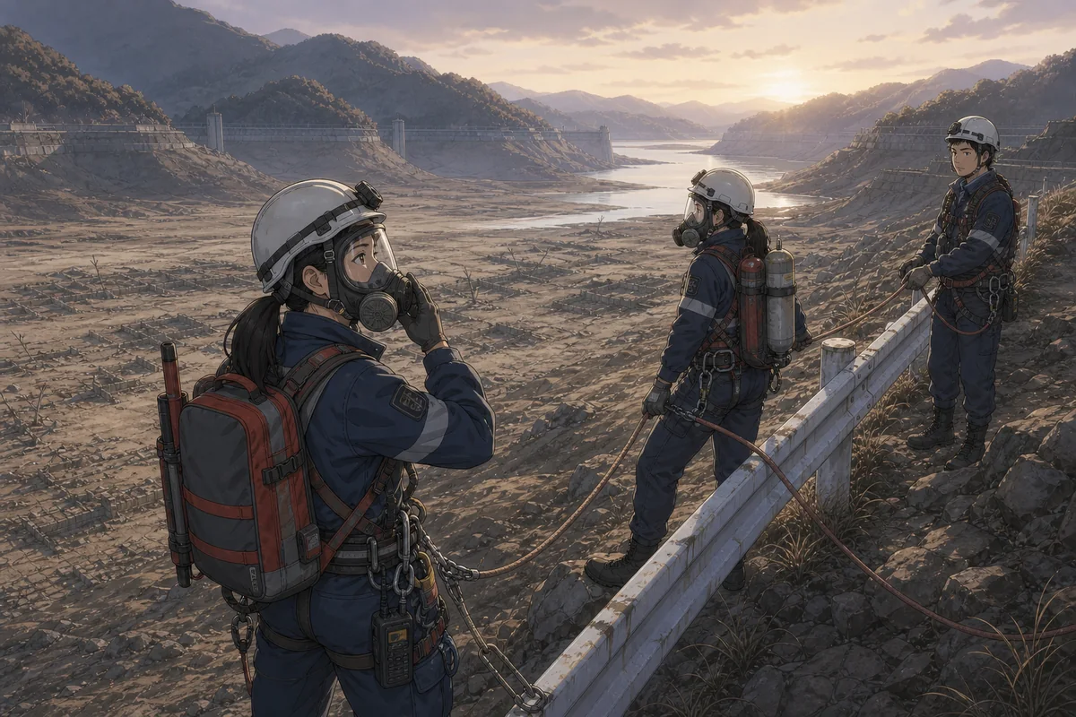 「陸側水位」：夜明けの白い線で呼吸器と命綱を確認する調査班