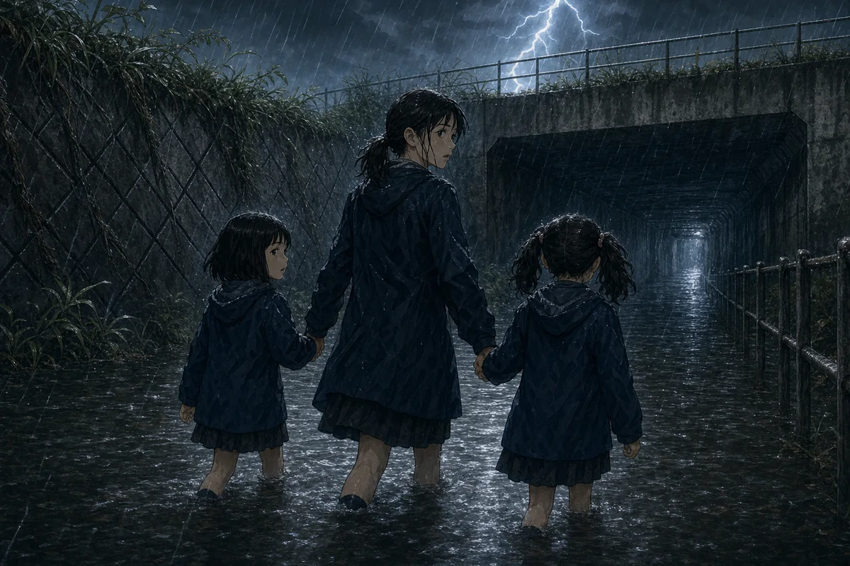 三人で帰った:台風の夜に二人の少女の手を引く若い綾乃