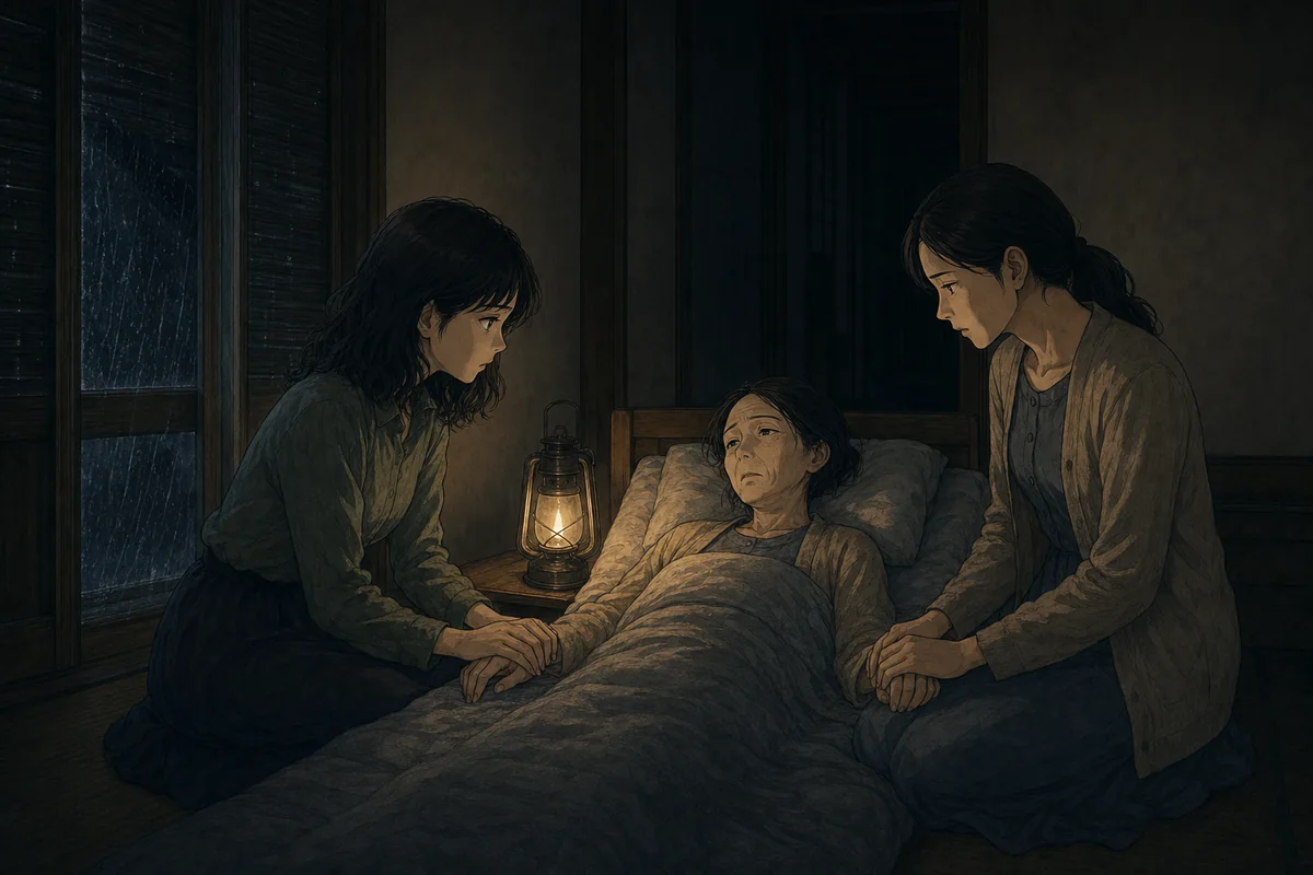 三人で帰った:停電の夜に母の両側で手を握る姉妹
