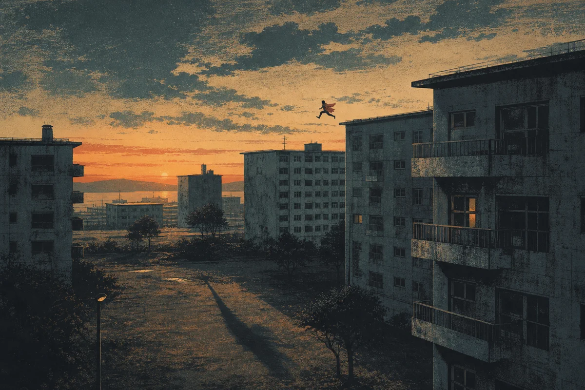 夕暮れの団地遠景で、赤い服の長身影が屋上の上に現れる場面