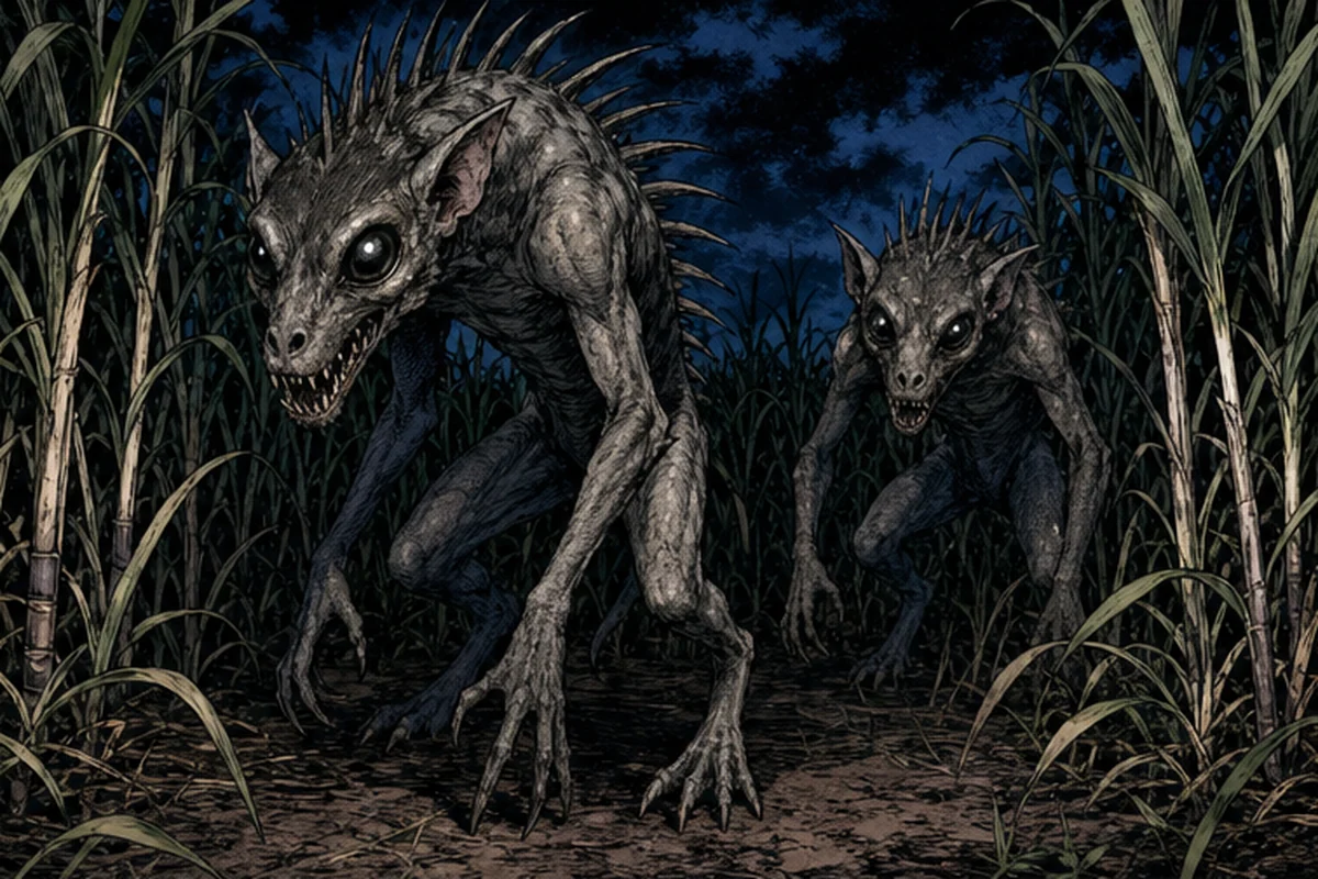 夜のサトウキビ畑から大きな目と背の棘を持つ二足のチュパカブラが現れる場面