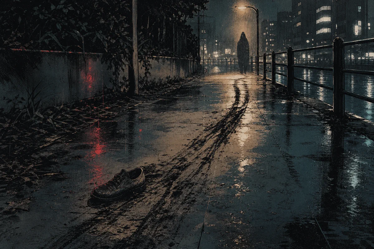 雨の歩道に長い引きずり跡と片方の靴が残り、街灯の向こうにひきこさんの影が立つ場面