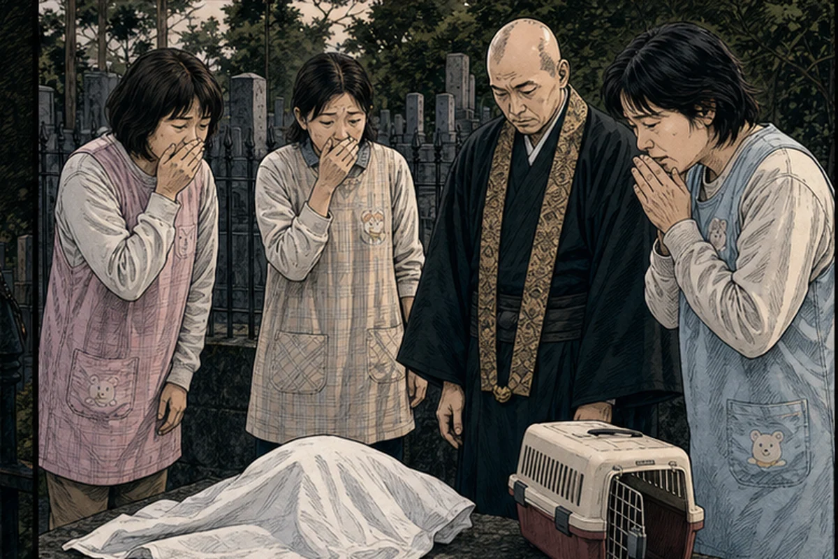 寺の保育園に隣接する墓地で、保育士が柵の杭に刺さった虫やトカゲを見つけるヒサルキの場面