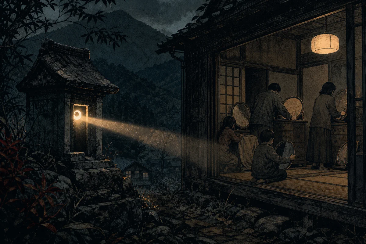 夕暮れの山あいの家と柵の外に立つ成人の影を遠くから望む場面