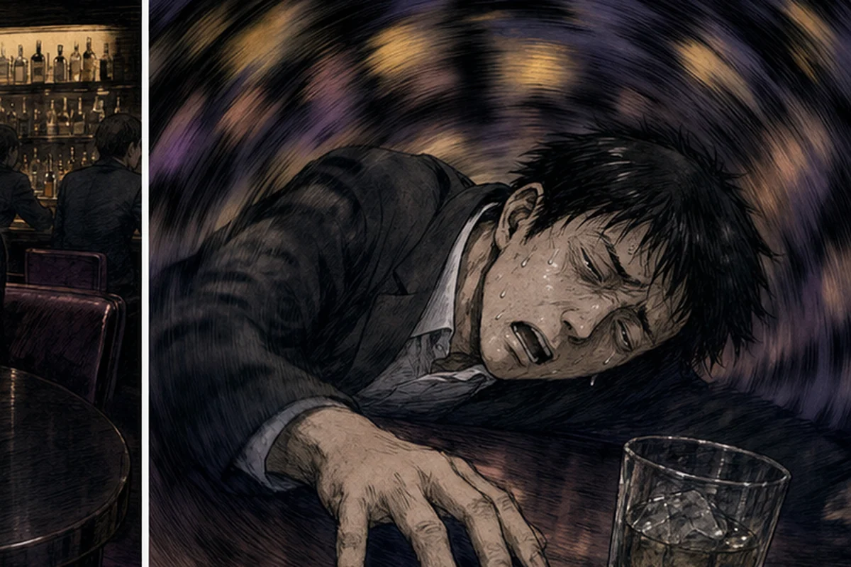 飲みかけのグラスを前に視界が歪み、会社員がテーブルへ倒れかける場面
