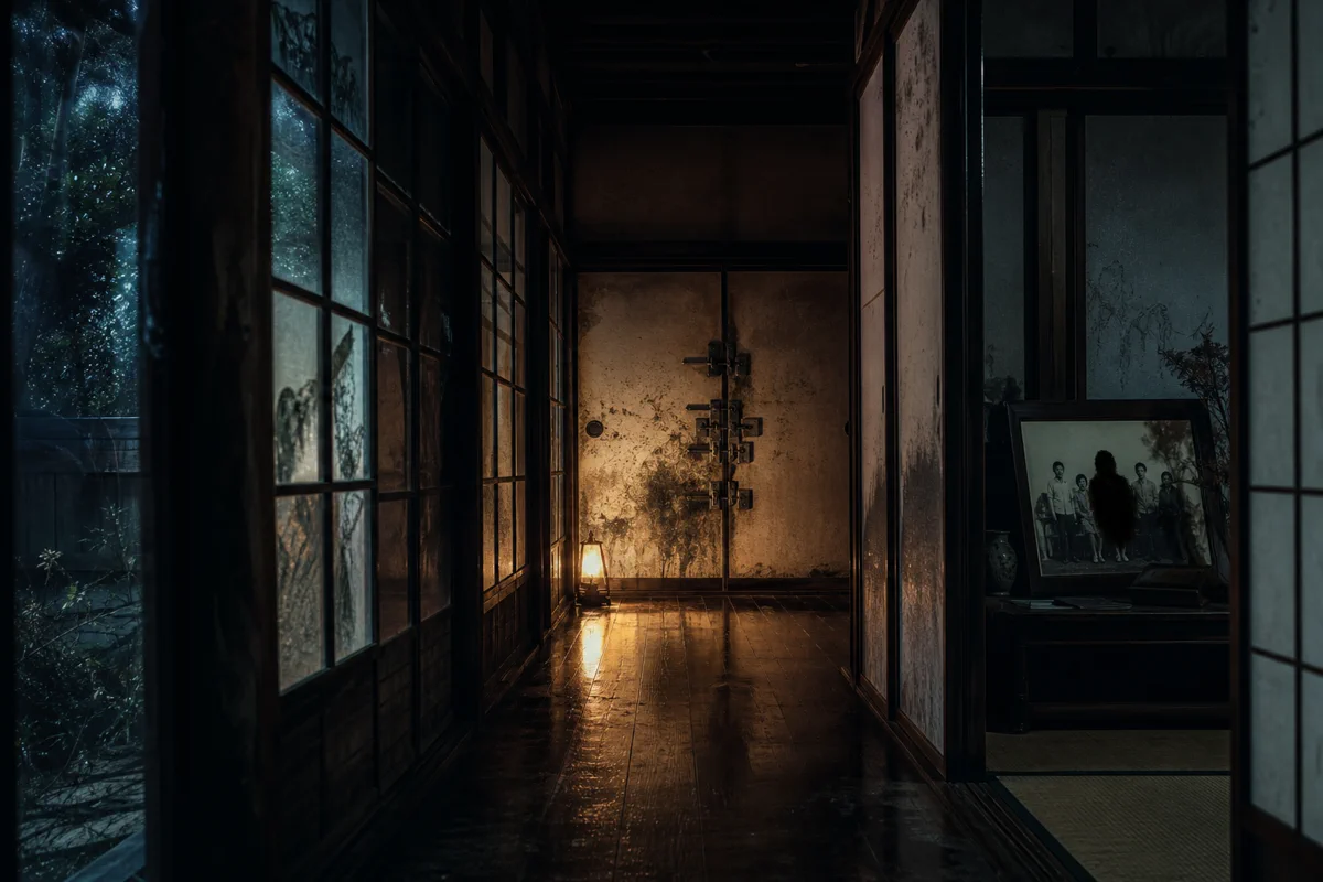 旧家の廊下奥に幾重もの鍵が掛かった襖があり、家族写真の一人だけが黒く塗られた禁后の場面