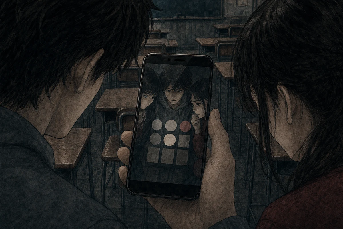 暗い部屋で一台のスマートフォンに顔のない少女のアイコンだけが淡く浮かび、周囲に人影のないLINEわらしの場面