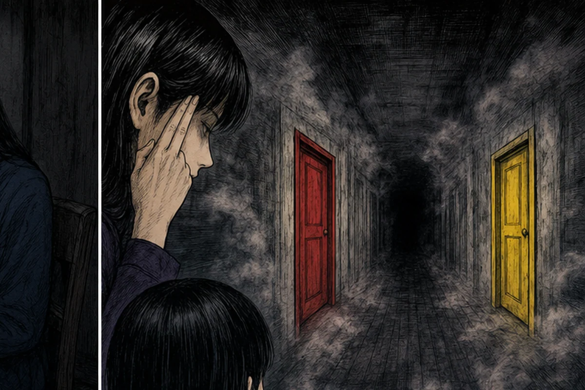 案内役がこめかみへ触れる中、少女の意識に赤と黄色の扉が並ぶ長い廊下が現れる場面