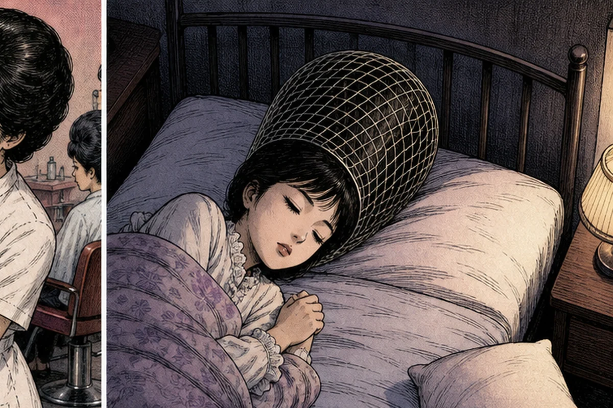 女性が形を崩さないよう髪へ網をかぶせ、枕を避けて眠る場面