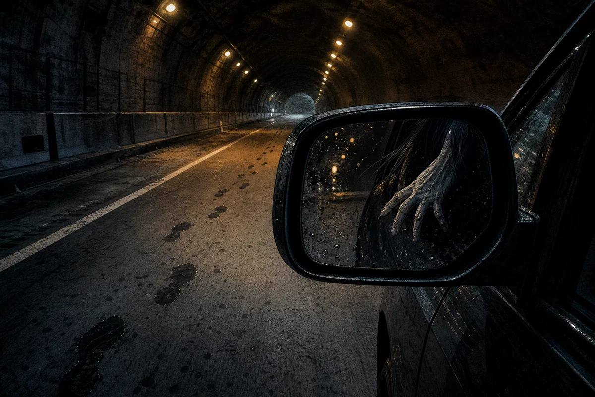 夜のトンネルで車のサイドミラーに走る老婆の手だけが映り、路面へ高速の足跡が続く場面