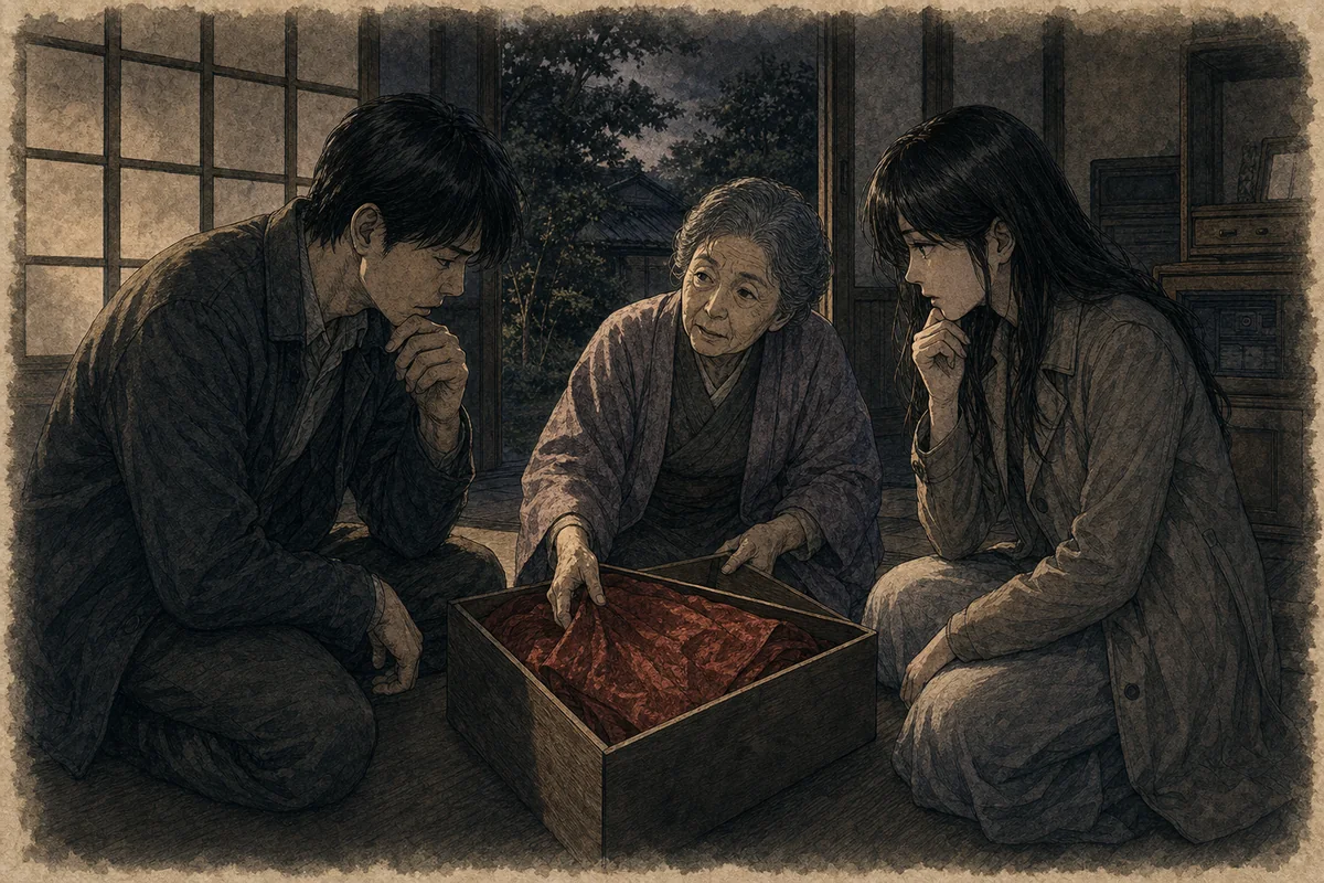 二人の成人きょうだいと高齢の母親が箱に収めた赤い布を前に記憶を話す場面