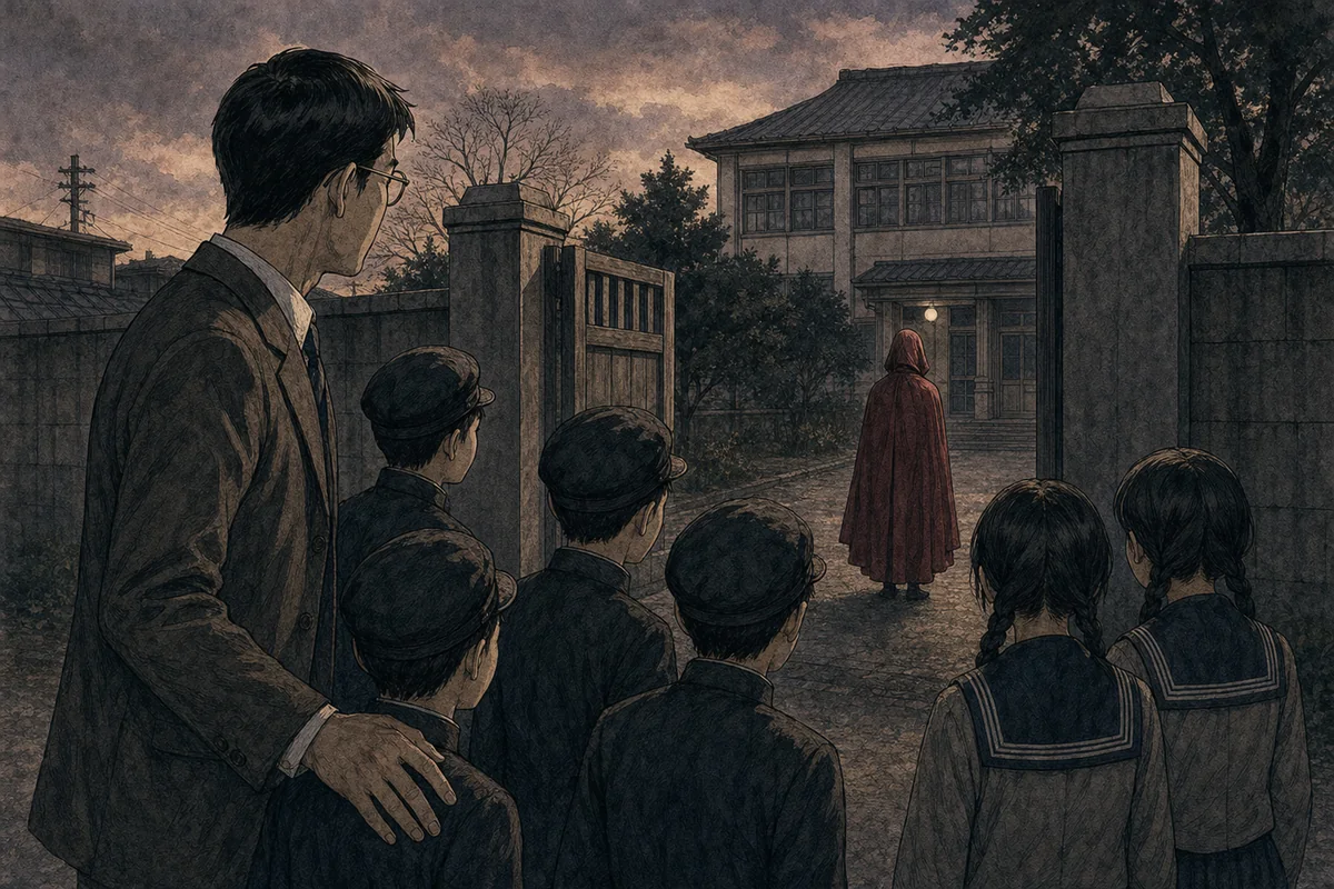 昭和初期の学校門で教師と児童たちが敷地外に立つ赤い外套の人物を見る場面