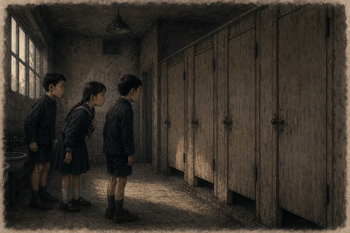 戦後の学校便所で三人の児童が閉じた個室から聞こえる声を一緒に待つ場面