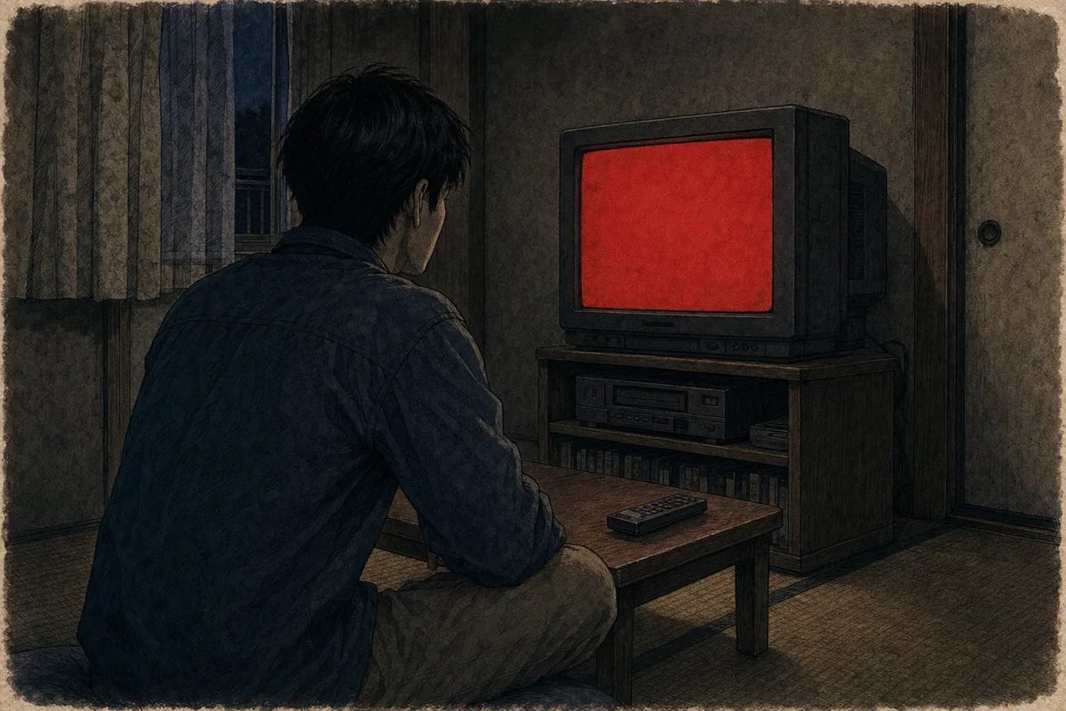 1990年代末の簡素な部屋で成人が無地の赤い長方形だけを映す旧式画面を見る場面
