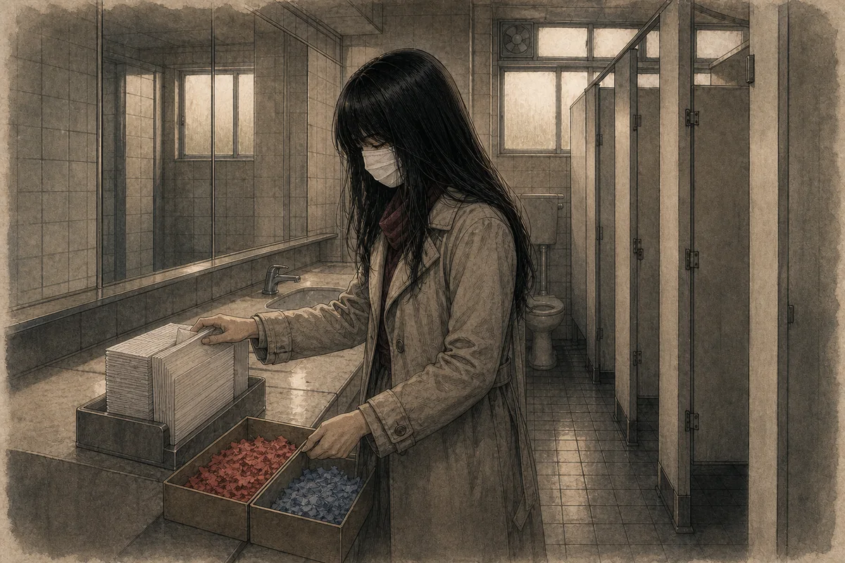 明るい無人便所で施設担当者が白い紙を補充し、赤と青の紙片を箱に分ける場面