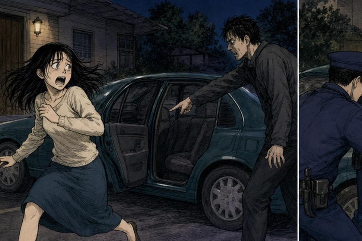 家の前で女性が車から逃げ、追ってきた運転手が後部ドアを指さす場面