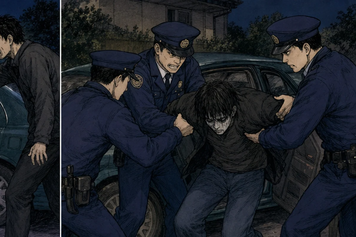 警察が後部座席から全身服を着た侵入者を取り押さえる非流血の場面