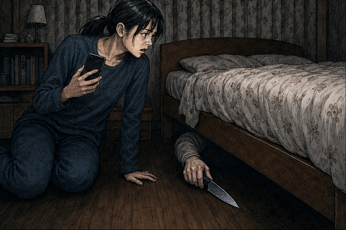 女性が部屋を逃げ出した直後、刃物を持つ男がベッドの下から這い出して開いた扉を見る