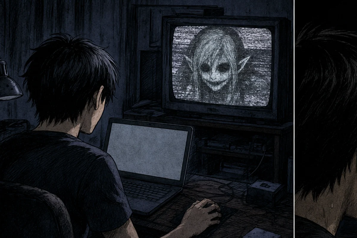 若者が録画した異常映像を深夜のパソコンへ取り込み、背後のテレビが勝手に点く場面