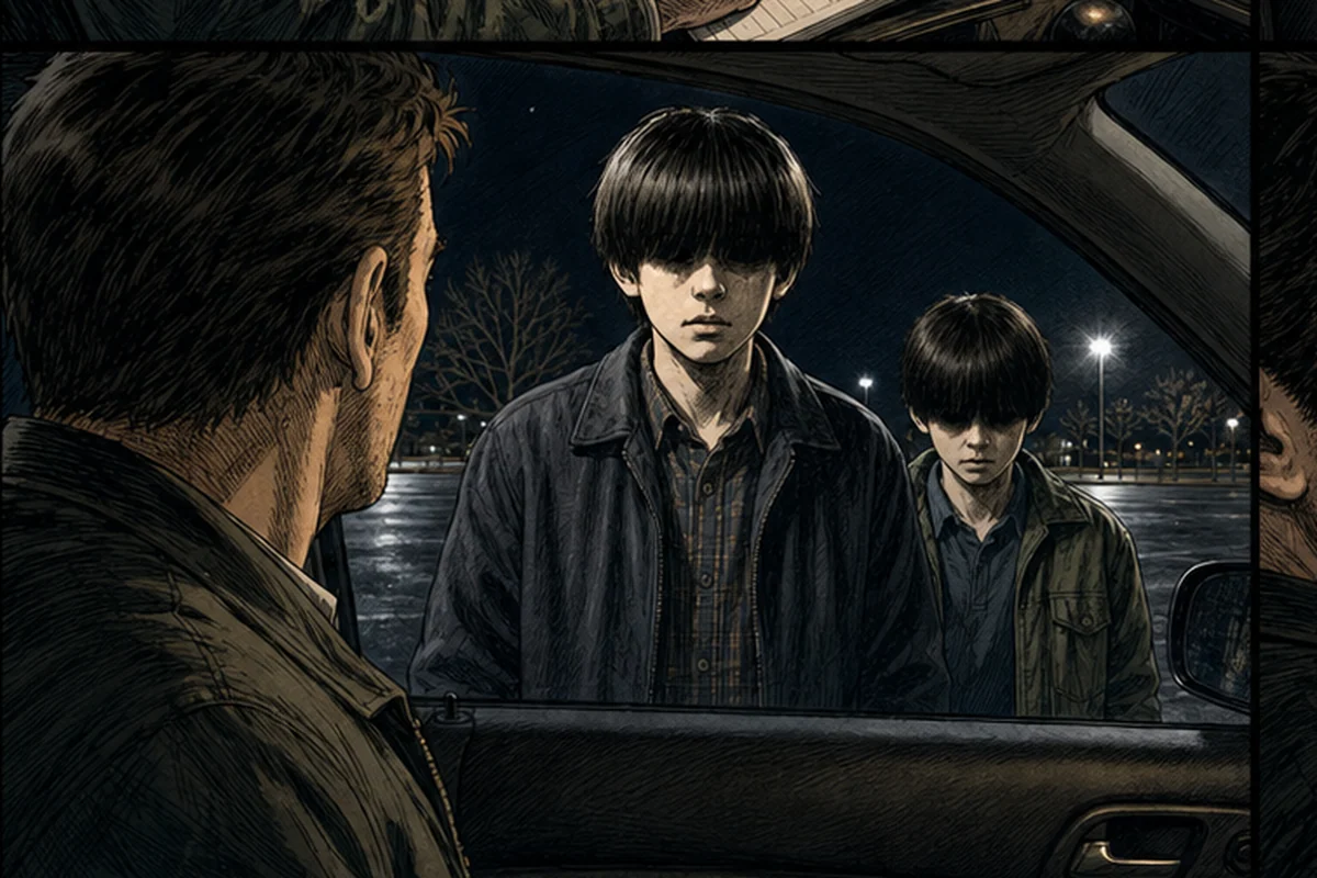 映画館へ戻るため母親の家まで乗せてほしいと少年が閉じた車窓越しに頼む場面