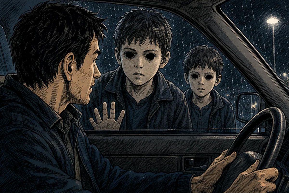 真っ黒な眼の少年が助手席窓へ近づき、入るには許可が必要だと迫る場面