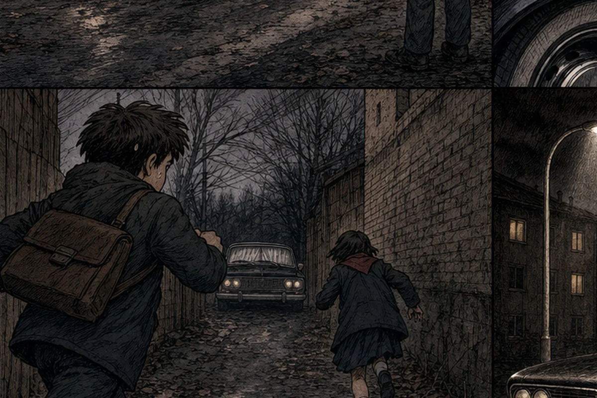 子どもたちが路地へ逃げ、黒いヴォルガがゆっくり後を追う場面
