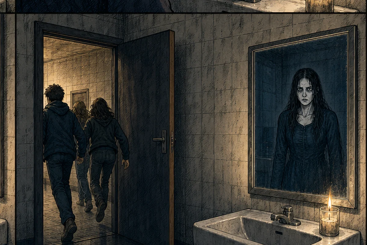 若者たちが洗面所から逃げた後も、鏡の中に長髪の女だけが残る場面