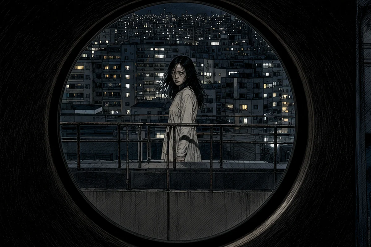 望遠鏡の円い視野の中で、遠い建物の女が動きを止めてこちらへ顔を向ける場面